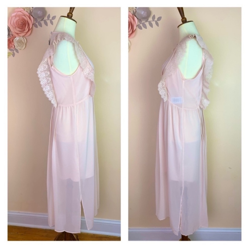 New! SANDRO Paris Pleated Lace Sheer Midi Dress in Peach Pink - Picture 8 of 10